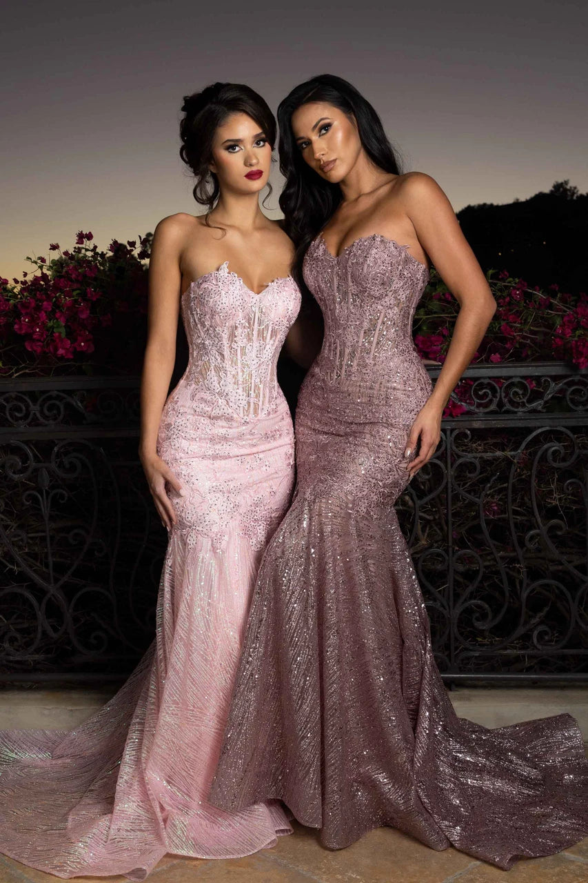 Strapless Sequin Trumpet Evening Gown Glitter Lace Corset Formal Dress with Train by Lenovia 8424