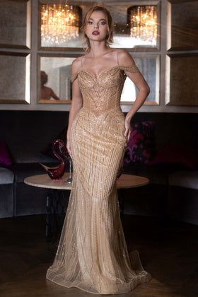 Beaded Sheath Evening Gown with Sweetheart Neckline and Off Shoulder Straps by Lenovia 8426