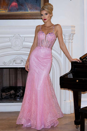 Sleeveless Sequin Mermaid Prom Dress with Beaded Corset Bodice Long Evening Gown by Lenovia 8430