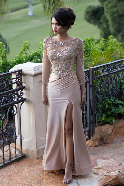 Beaded Evening Gown with Sheer Illusion Bodice Crystal Embellishments & Side Slit by Lenovia 8432