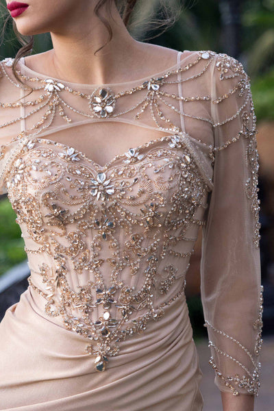 Beaded Evening Gown with Sheer Illusion Bodice Crystal Embellishments & Side Slit by Lenovia 8432