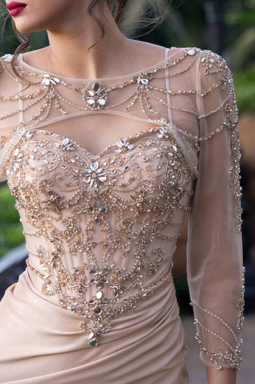 Beaded Evening Gown with Sheer Illusion Bodice Crystal Embellishments & Side Slit by Lenovia 8432