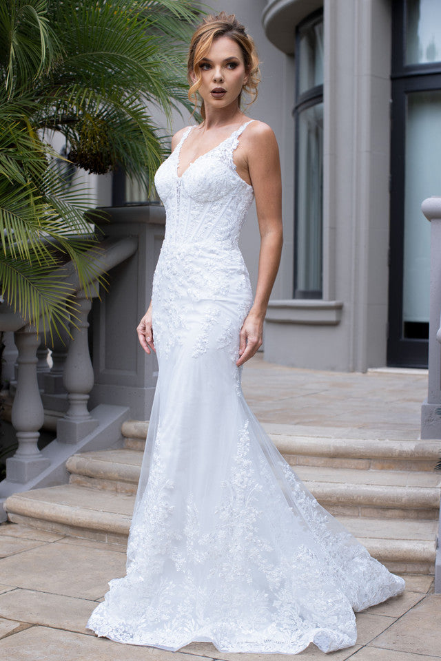 Sleeveless V-Neck Floral Lace Appliqué Mermaid Wedding Dress with Corset Back by Lenovia 8460