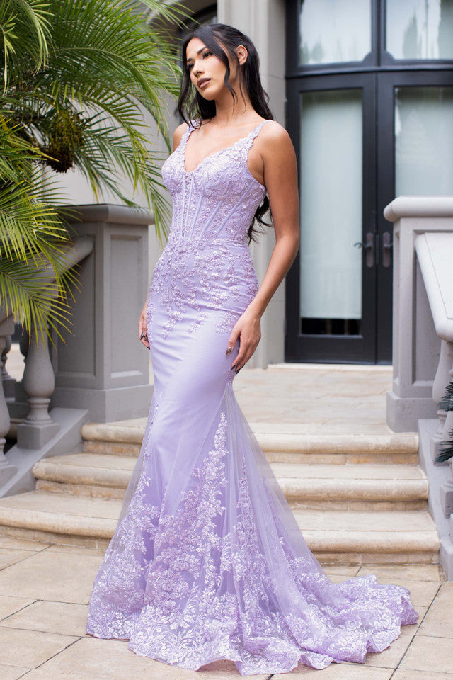 Lace Appliqué Mermaid Evening Gown with Corset Bodice & Sheer Train Formal Dress by Lenovia 8460