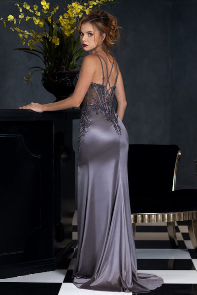 Beaded Corset Satin Evening Gown with High Slit Elegant Formal Prom Dress by Lenovia 8481