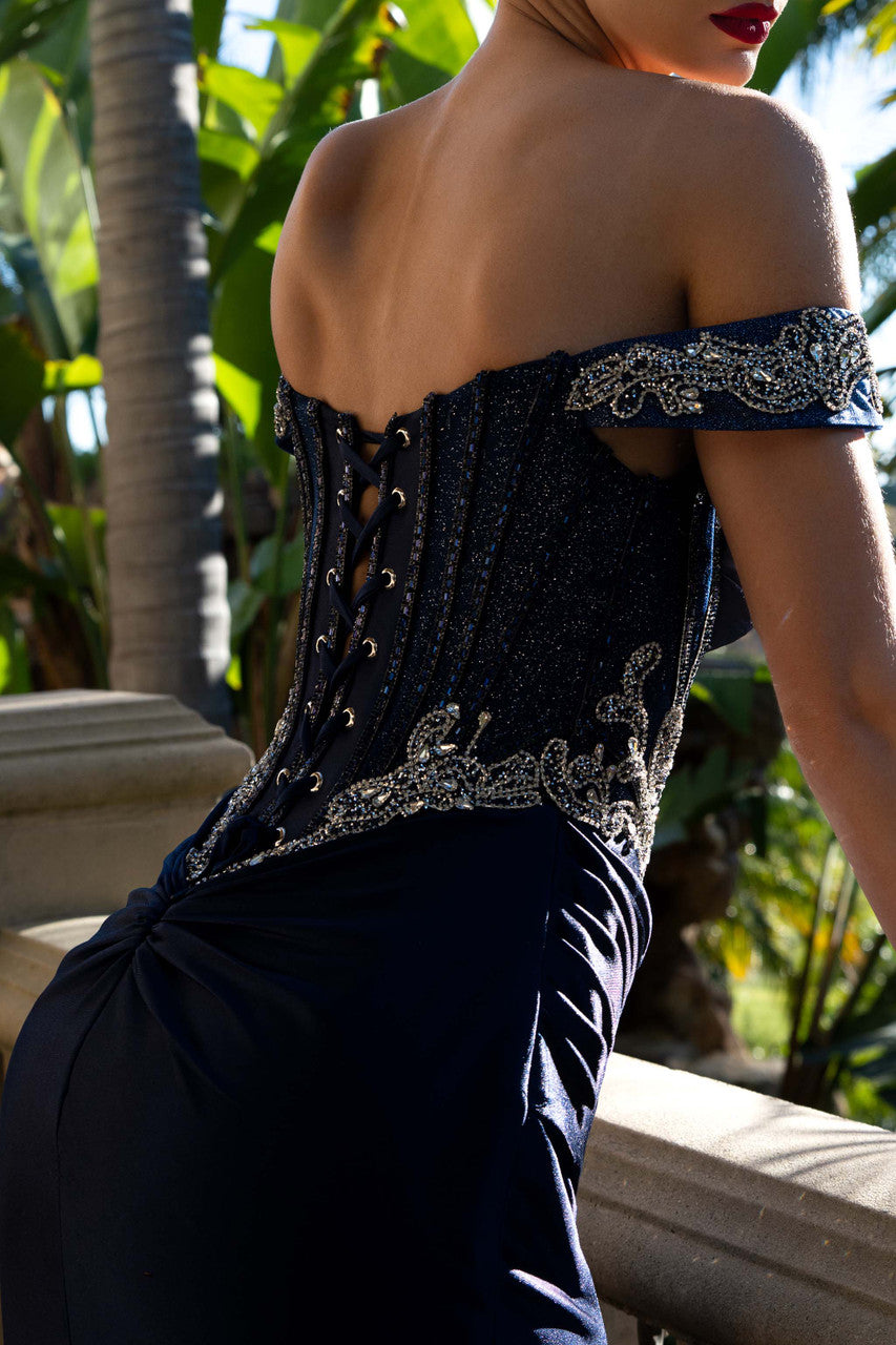 Off Shoulder Beaded Corset Satin Evening Gown with High Slit Formal Prom Dress by Lenovia 8485