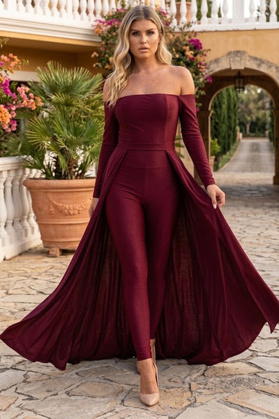 Off Shoulder Long-Sleeve Evening Jumpsuit with Open Lace-Up Back by Jessica Angel 877