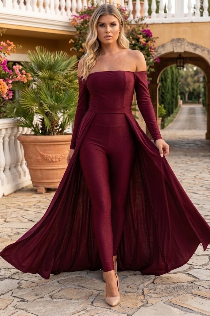 Off Shoulder Long-Sleeve Evening Jumpsuit with Open Lace-Up Back by Jessica Angel 877