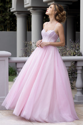 Rhinestone Corset A-Line Prom Dress with Tulle Skirt & Lace-Up Back Evening Gown by Lenovia 8503