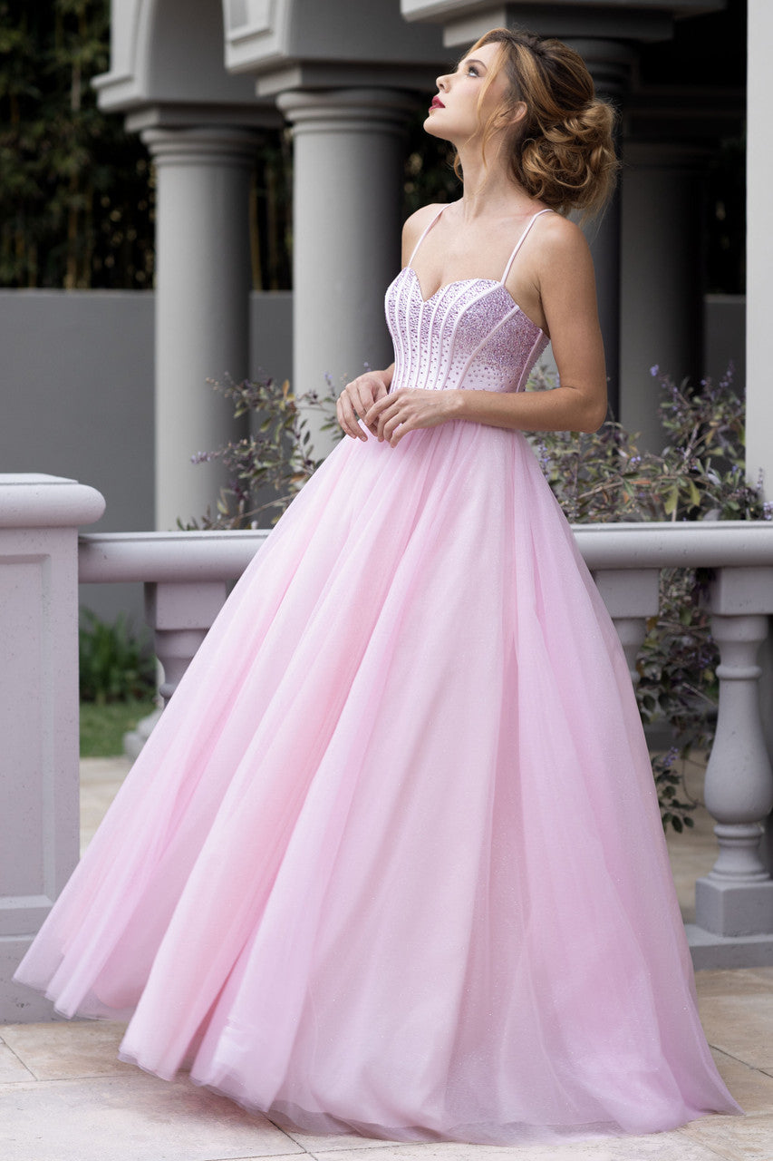 Rhinestone Corset A-Line Prom Dress with Tulle Skirt & Lace-Up Back Evening Gown by Lenovia 8503
