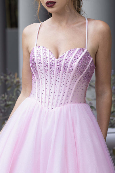Rhinestone Corset A-Line Prom Dress with Tulle Skirt & Lace-Up Back Evening Gown by Lenovia 8503