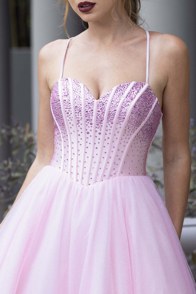 Rhinestone Corset A-Line Prom Dress with Tulle Skirt & Lace-Up Back Evening Gown by Lenovia 8503
