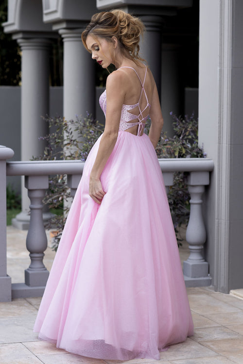 Rhinestone Corset A-Line Prom Dress with Tulle Skirt & Lace-Up Back Evening Gown by Lenovia 8503