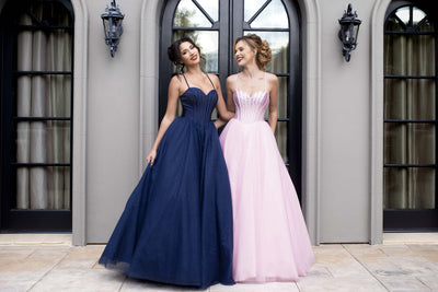 Rhinestone Corset A-Line Prom Dress with Tulle Skirt & Lace-Up Back Evening Gown by Lenovia 8503