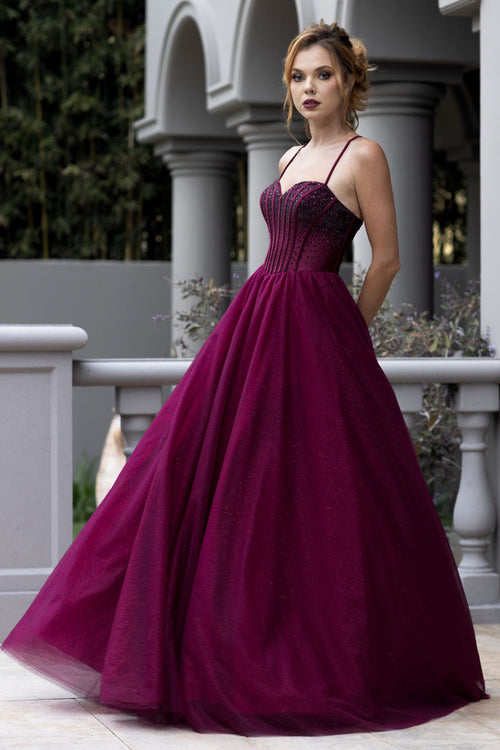 Rhinestone Corset A-Line Prom Dress with Tulle Skirt & Lace-Up Back Evening Gown by Lenovia 8503