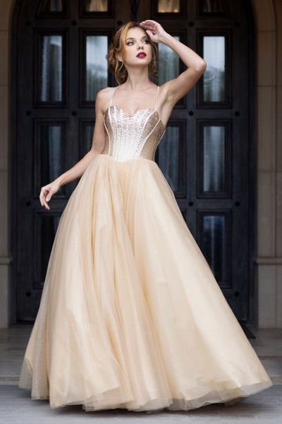 Rhinestone Corset A-Line Prom Dress with Tulle Skirt & Lace-Up Back Evening Gown by Lenovia 8503