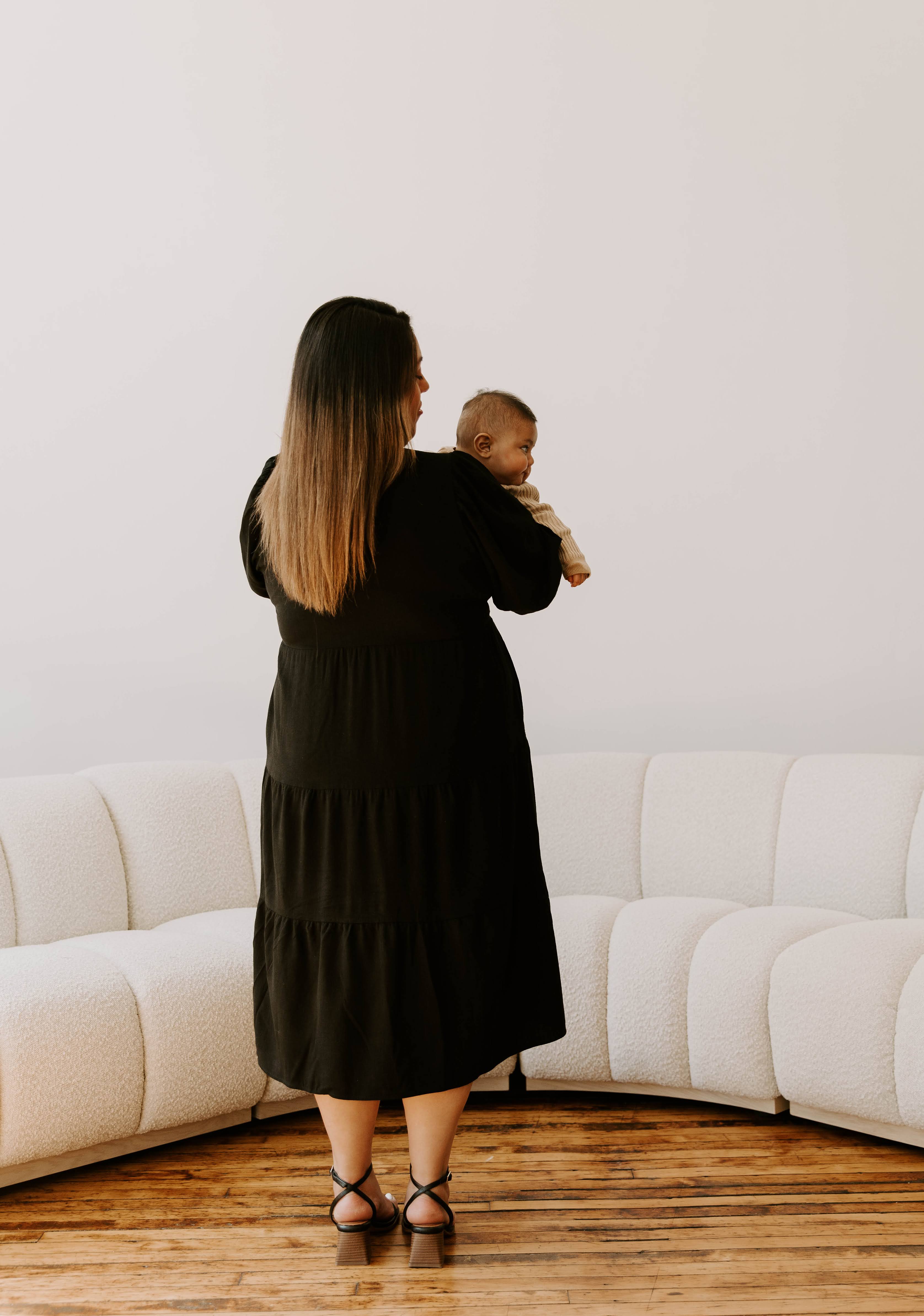 Black Short Sleeve Tea Length Maternity Tiered Breastfeeding Dress with Panel