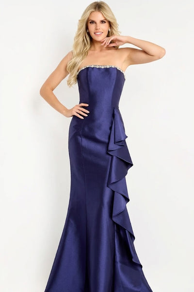 Mermaid Evening Gown with Crystal Trim Cascading Side Ruffle & Train Formal Dress by Jovani 45586