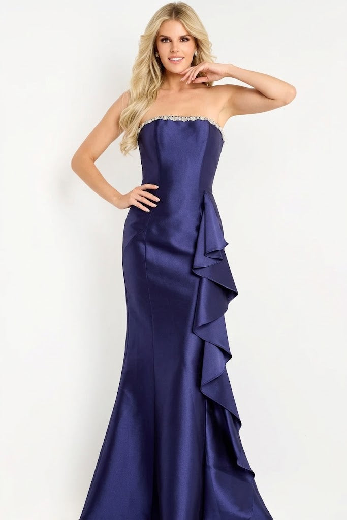 Mermaid Evening Gown with Crystal Trim Cascading Side Ruffle & Train Formal Dress by Jovani 45586