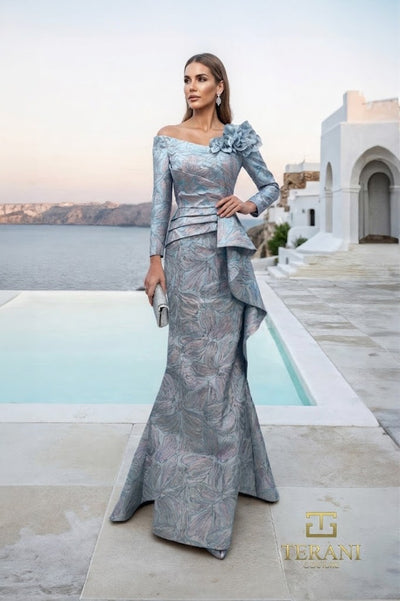 Terani Couture 261M6448 Evening Trumpet Floral Applique Pleated Formal Jacquard Dress