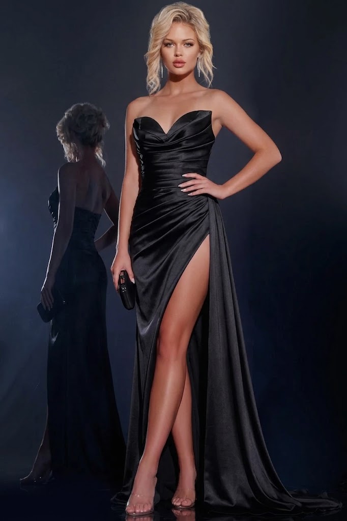 Strapless Satin Gown with a Sweetheart Neckline and Corset Back Formal Dress by Jovani 37150
