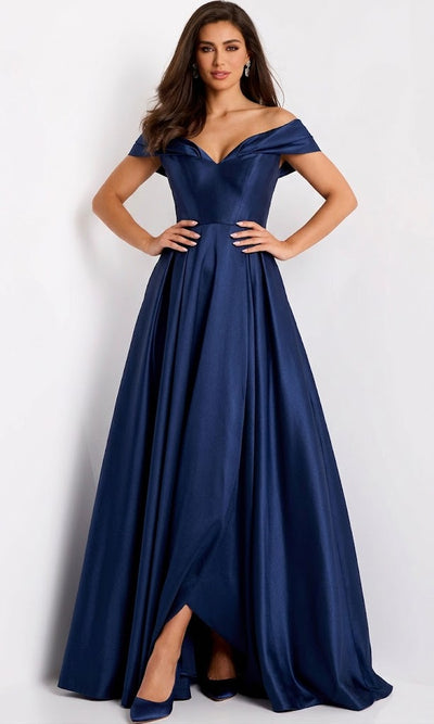 Satin Off Shoulder A-Line Evening Gown by Jovani 43279