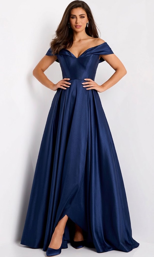 Satin Off Shoulder A-Line Evening Gown by Jovani 43279
