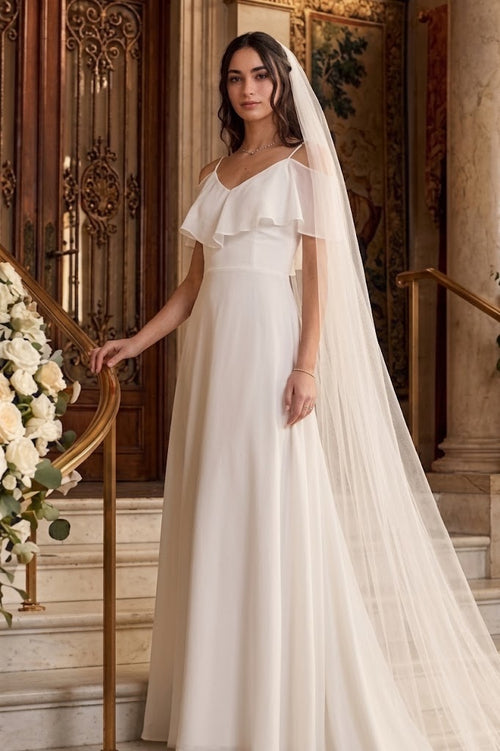Cold-Shoulder Chiffon Wedding Gown with Ruffle Bodice by Eva USA 3263