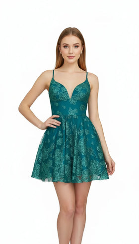 Emerald Floral Sequin Short Dress Spaghetti Strap V-Neck A-Line Cocktail Dress by Trevi TS3021L
