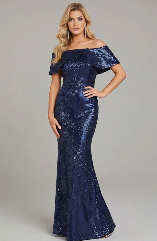 Off Shoulder Metallic Jacquard Evening Gown Floor-Length Formal Dress by Jovani 44757