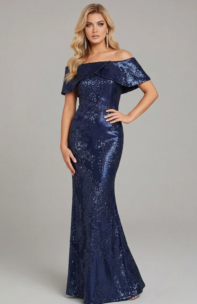 Off Shoulder Metallic Jacquard Evening Gown Floor-Length Formal Dress by Jovani 44757