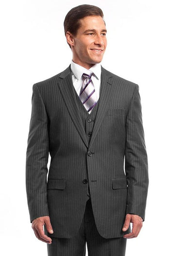 Traje de negocios con dos botones y raya diplomática gris para hombre