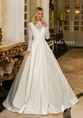 Clarisse 900234 V-Neck Satin Bridal Ball Gown with Lace Overlay Detail