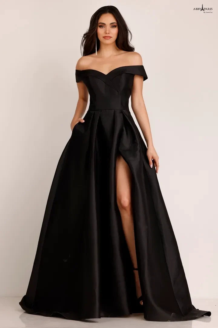 Abby Paris 90023 Mikado Off Shoulder A-Line Slit Gown