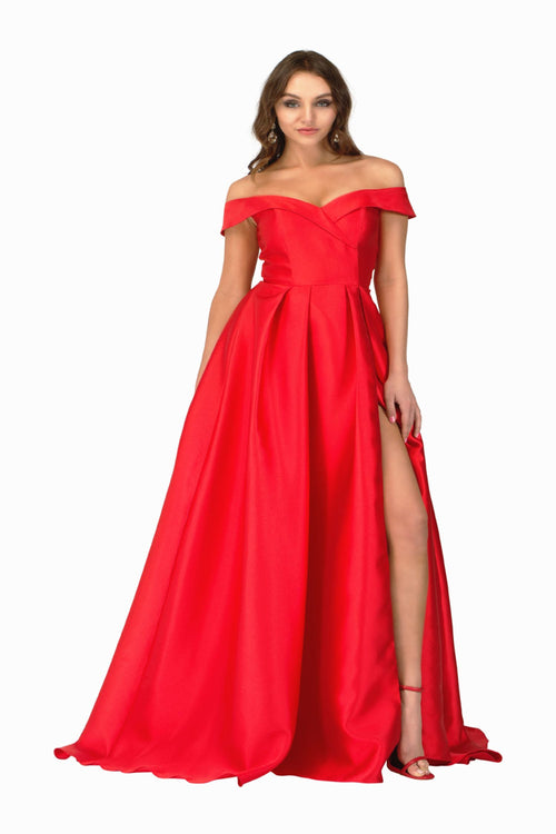 Abby Paris 90023 Mikado Off Shoulder A-Line Slit Gown
