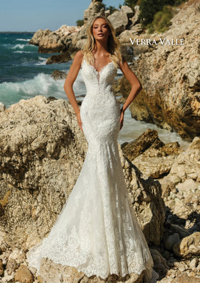 Clarisse 900256 V-Neck Lace Mermaid Bridal Gown with Crossed Back Straps