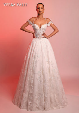 Clarisse 900362 Floral Lace Corset Ball Gown with Shoulder Drapes