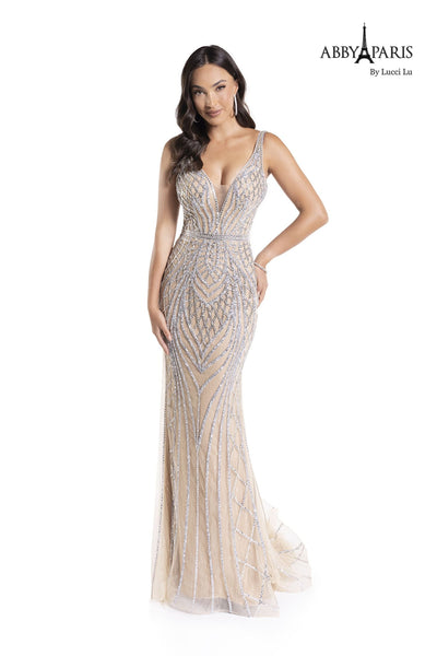 Abby Paris 90156 Beaded Sleeveless Illusion Tulle Gown