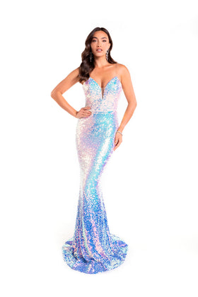 Fitted Iridescent Sequin Mermaid Prom Dress with Spaghetti Straps and Lace-Up Back by Abby Paris 90169