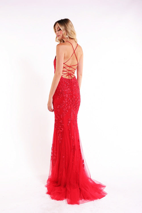 Abby Paris 90171 Embroidered Sleeveless Tulle Fitted Gown