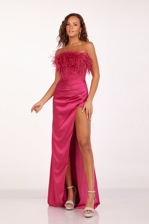 Abby Paris 90200 Feather Strapless Satin Evening Gown