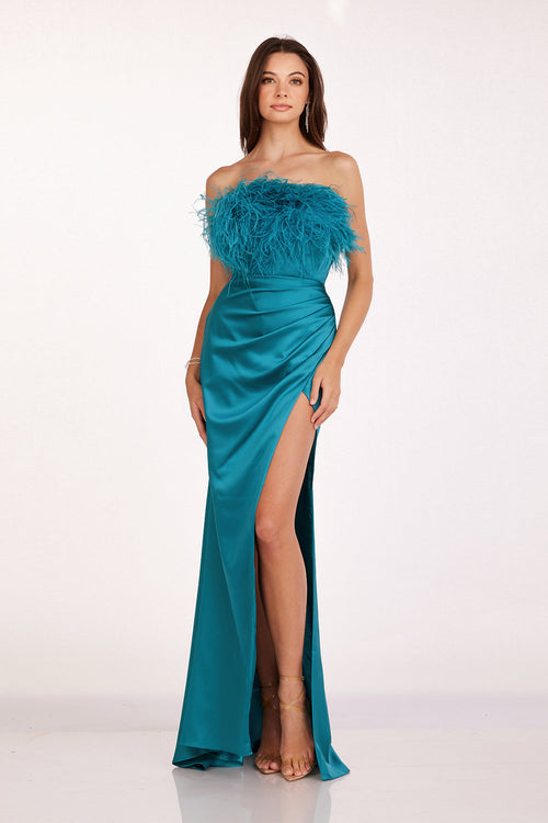 Abby Paris 90200 Feather Strapless Satin Evening Gown