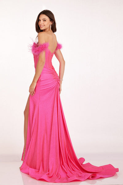 Abby Paris 90205 Feather Off Shoulder Slit Evening Gown