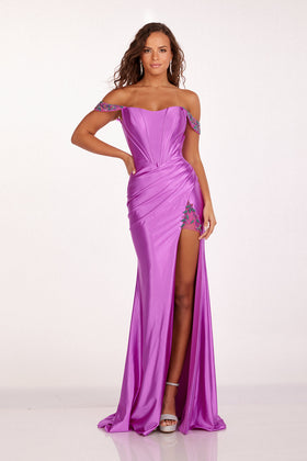 Abby Paris 90206 Off Shoulder Corset Slit Evening Gown