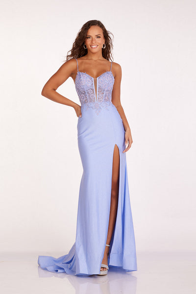 Abby Paris 90207 Applique Sheer Corset Slit Evening Gown