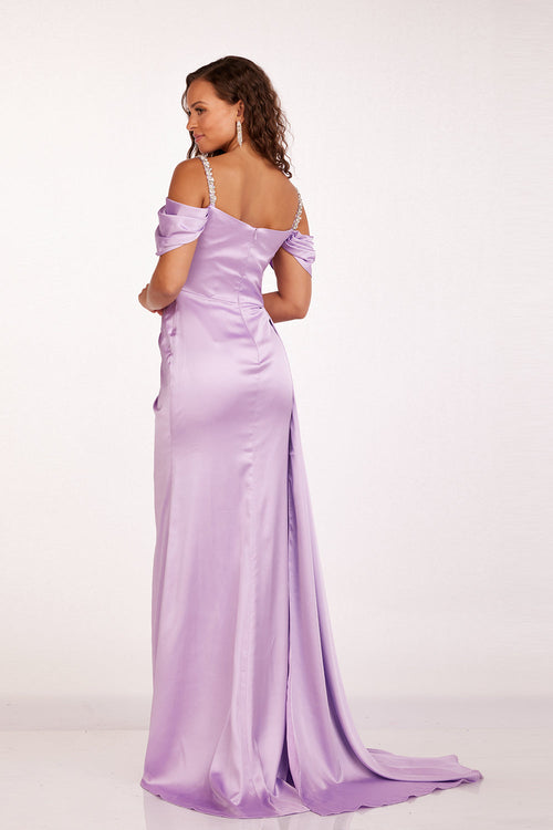 Abby Paris 90210 Satin Cold Shoulder Beaded Slit Gown