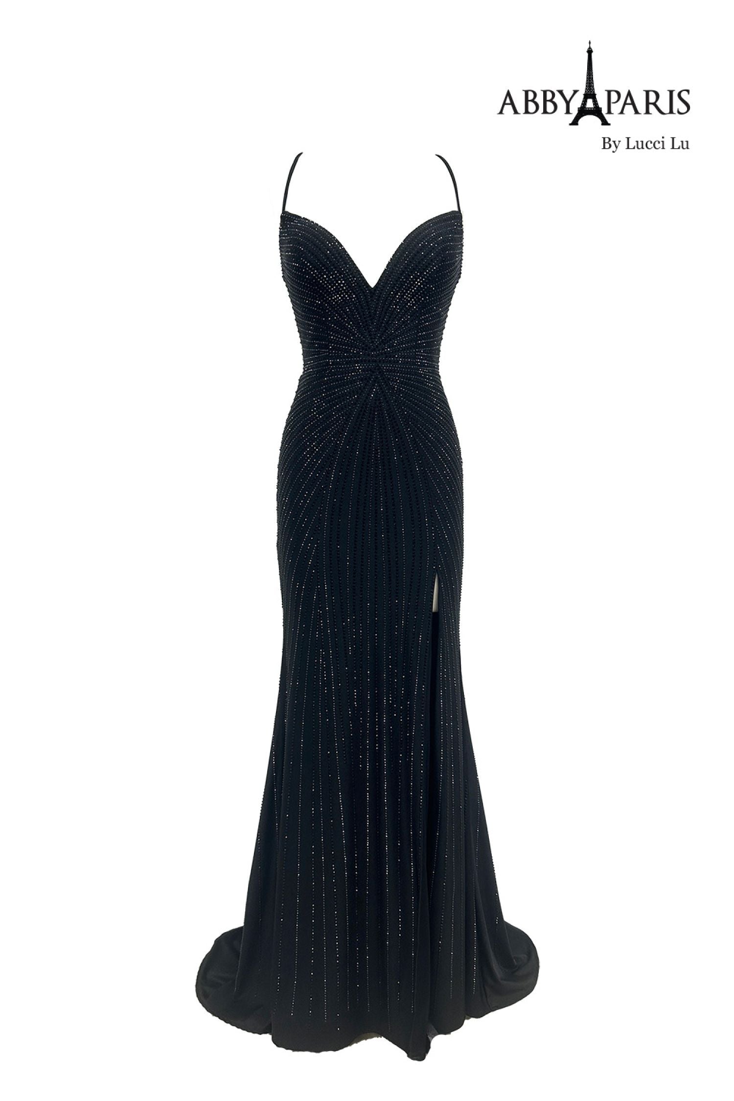Abby Paris 90213 Beaded Strappy Back Slit Evening Gown
