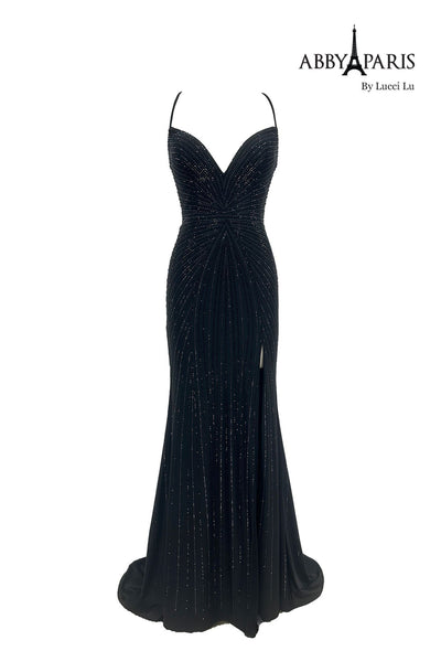 Abby Paris 90213 Beaded Strappy Back Slit Evening Gown