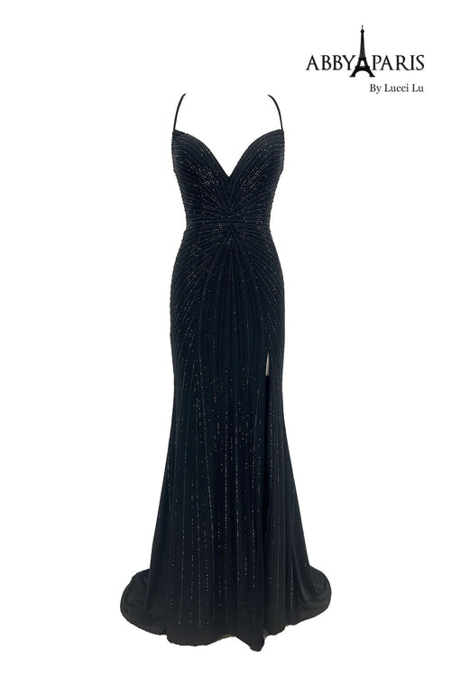 Abby Paris 90213 Beaded Strappy Back Slit Evening Gown