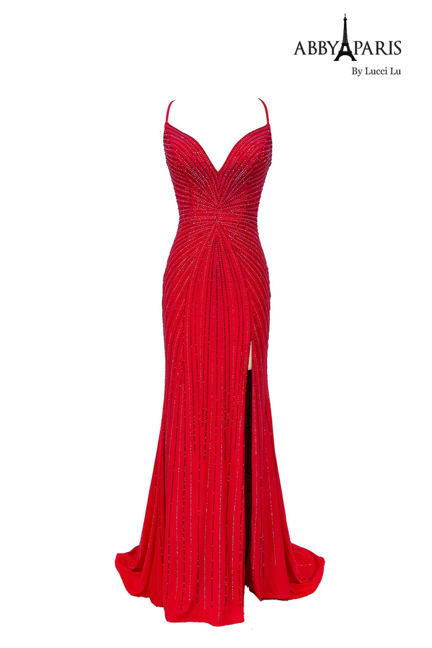 Abby Paris 90213 Beaded Strappy Back Slit Evening Gown